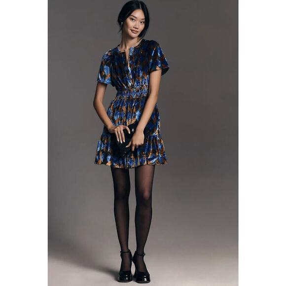 NWT Anthropologie The Somerset Mini Dress Velvet Edition Size XXS Blue 9B409 - Picture 1 of 10